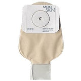 Beige one-piece drainable ostomy pouch with adhesive barrier for stoma care.