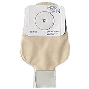 Beige one-piece drainable ostomy pouch with adhesive barrier for stoma care.