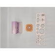 Ostomy barrier ring with measuring guide and product box on a light background