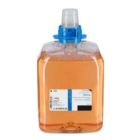 Large clear plastic jug with orange medical liquid, blue cap, and product label on white background