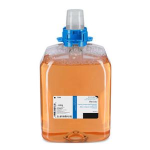 Large clear plastic jug with orange medical liquid, blue cap, and product label on white background