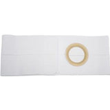 White ostomy belt with circular opening for ostomy pouch support on a plain background