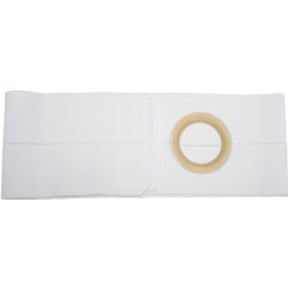 White ostomy belt with circular opening for ostomy pouch support on a plain background