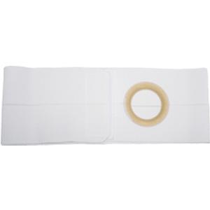 White ostomy belt with circular opening for ostomy pouch support on a plain background