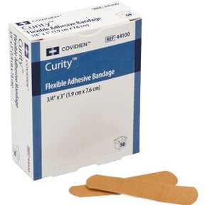 Box of Curity flexible adhesive bandages with two tan bandages displayed in front