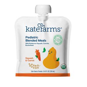Pouch of pediatric blended meals featuring butternut squash and carrot, single-serve pack.