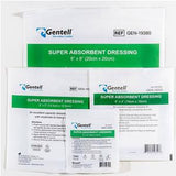 Gentell super absorbent dressing medical supplies in various sizes, packaging displayed.