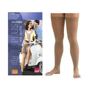 Pair of beige open-toe compression thigh-high stockings beside product packaging.
