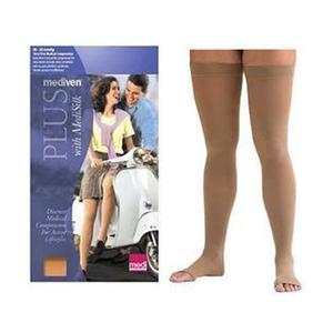 Pair of beige open-toe compression thigh-high stockings beside product packaging.