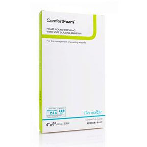 ComfortFoam foam wound dressing with soft silicone adhesive in retail box, 4 x 8 inch