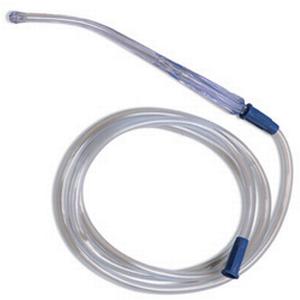 Clear medical suction catheter with flexible tubing and blue connectors on a white background