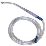 Clear medical suction catheter with flexible tubing and blue connectors on a white background