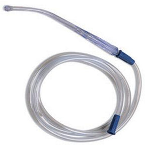 Clear medical suction catheter with flexible tubing and blue connectors on a white background