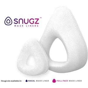 White knit Snugz mask liners for nasal and full-face CPAP masks on white background.