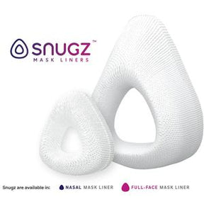 White knit Snugz mask liners for nasal and full-face CPAP masks on white background.