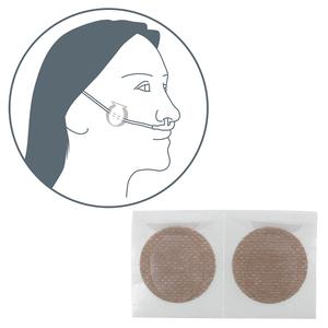 Nasal cannula adhesive patches for oxygen tubing comfort, with illustration of facial placement.