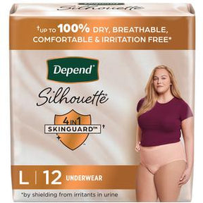 Depend Silhouette large size adult underwear 12 count package, 4-in-1 Skinguard