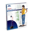 Box packaging of extra wide extendable digital scale with woman standing on scale, home setting