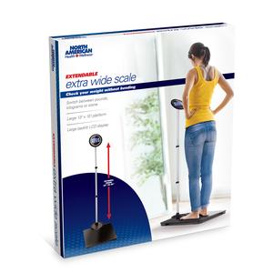 Box packaging of extra wide extendable digital scale with woman standing on scale, home setting
