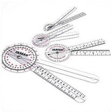 Set of transparent plastic goniometers for measuring joint range of motion, with printed degree markings.