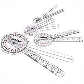 Set of transparent plastic goniometers for measuring joint range of motion, with printed degree markings.