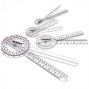 Set of transparent plastic goniometers for measuring joint range of motion, with printed degree markings.