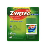 Zyrtec allergy tablets 60 count packaging for indoor and outdoor allergy relief