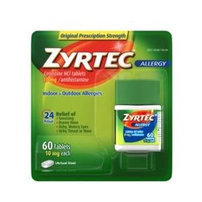 Zyrtec allergy tablets 60 count packaging for indoor and outdoor allergy relief
