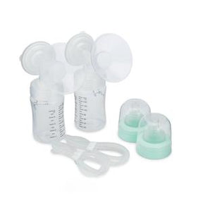 Double electric breast pump set with bottles, lids, and tubing, medical supplies.