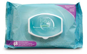 Pack of Hygea flushable personal cleansing cloths, 48 count, blue packaging.