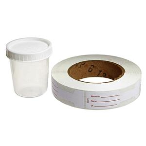 Empty specimen container with white screw top and roll of lab ID labels on white background