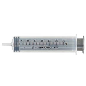 Monoject 35ml disposable medical syringe with clear barrel and measurement markings
