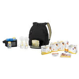 Breast pump kit with black backpack, bottles, cooler bag, and breastfeeding accessories