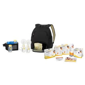 Breast pump kit with black backpack, bottles, cooler bag, and breastfeeding accessories