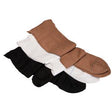 Assorted compression socks in brown, white, and black laid flat on a white background