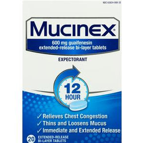 Mucinex 600mg guaifenesin expectorant tablets box for chest congestion and mucus relief