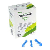 Box of VivaGuard 30G lancets with three blue lancets for blood glucose testing
