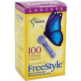Box of 100 sterile lancets for blood glucose monitoring with a blue butterfly design.