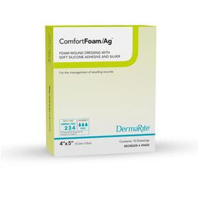ComfortFoam Ag foam wound dressing box for wound care, silicone adhesive, 4x5 inch, DermaRite