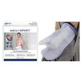Adult arm covered with waterproof cast and bandage protector next to product packaging.