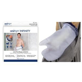 Adult arm covered with waterproof cast and bandage protector next to product packaging.