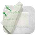 Adhesive sterile medical dressing with part of the protective film peeled back