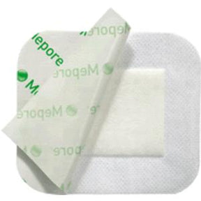Adhesive sterile medical dressing with part of the protective film peeled back