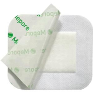 Adhesive sterile medical dressing with part of the protective film peeled back
