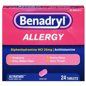 Benadryl Allergy 24 tablets box, diphenhydramine HCl 25mg antihistamine for allergy relief