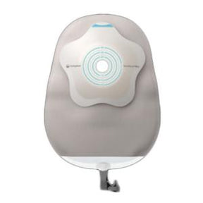 Ostomy drainage pouch with adhesive barrier, disposable medical supply, white background