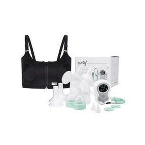 Electric breast pump kit with black pumping bra and accessories for home medical use