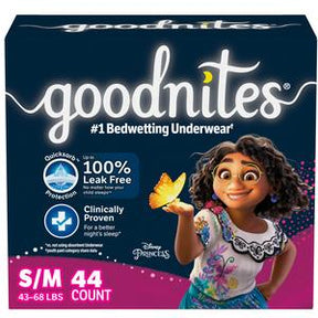 Goodnites bedwetting underwear package, Disney Princess design, size S/M, 44 count