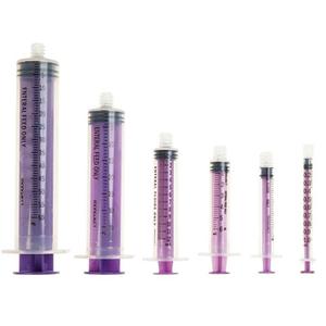 Assorted purple oral enteral syringes in various sizes for medical supply use