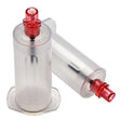 Clear medical vial adapters with red connectors for home intravenous therapy supplies